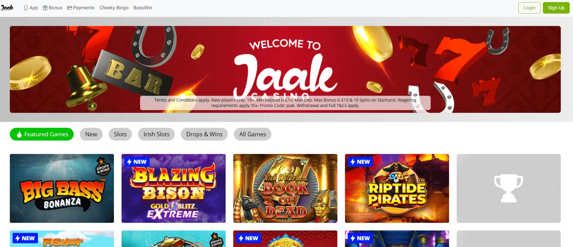 Jaak Casino UK lobby — slot grid with Big Bass Bonanza, Blazing Bison and Riptide Pirates